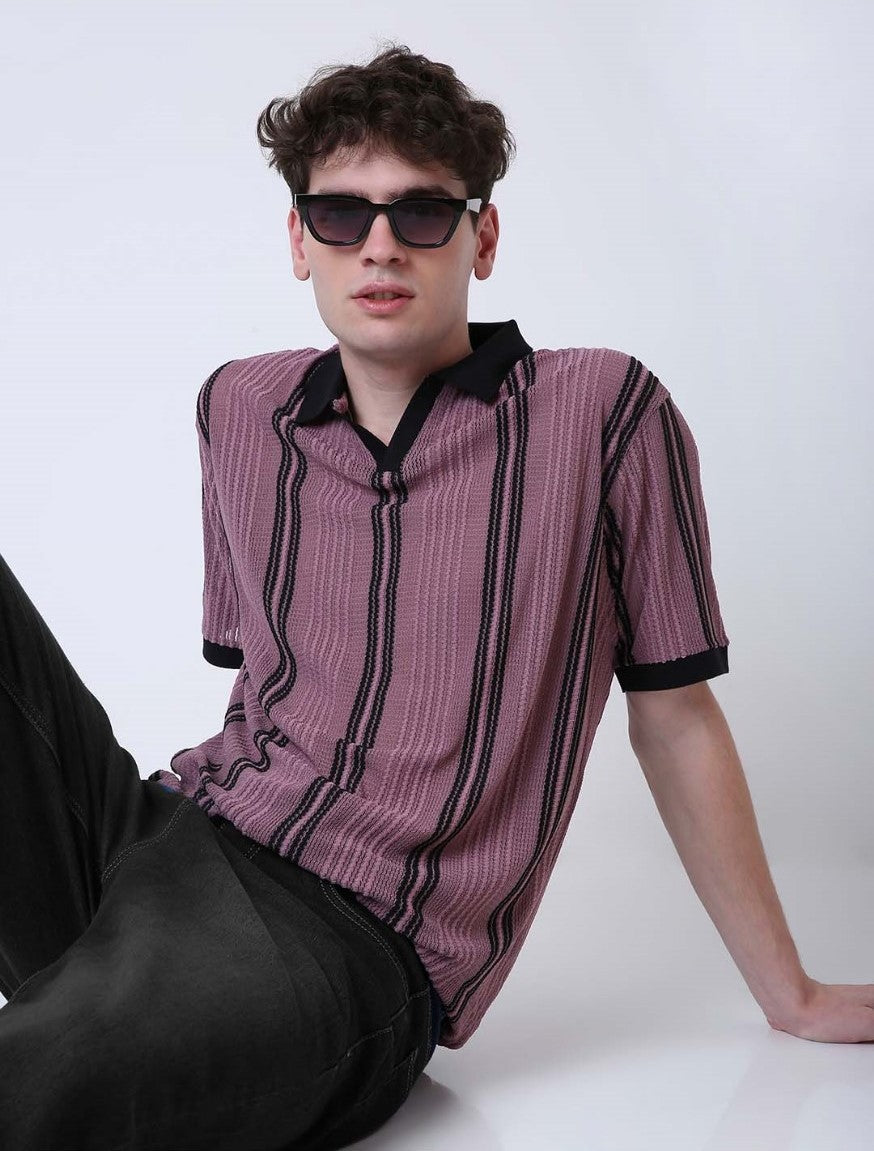 RETRO STYLE TEXTURED POLO COLLAR KNIT T-SHIRT