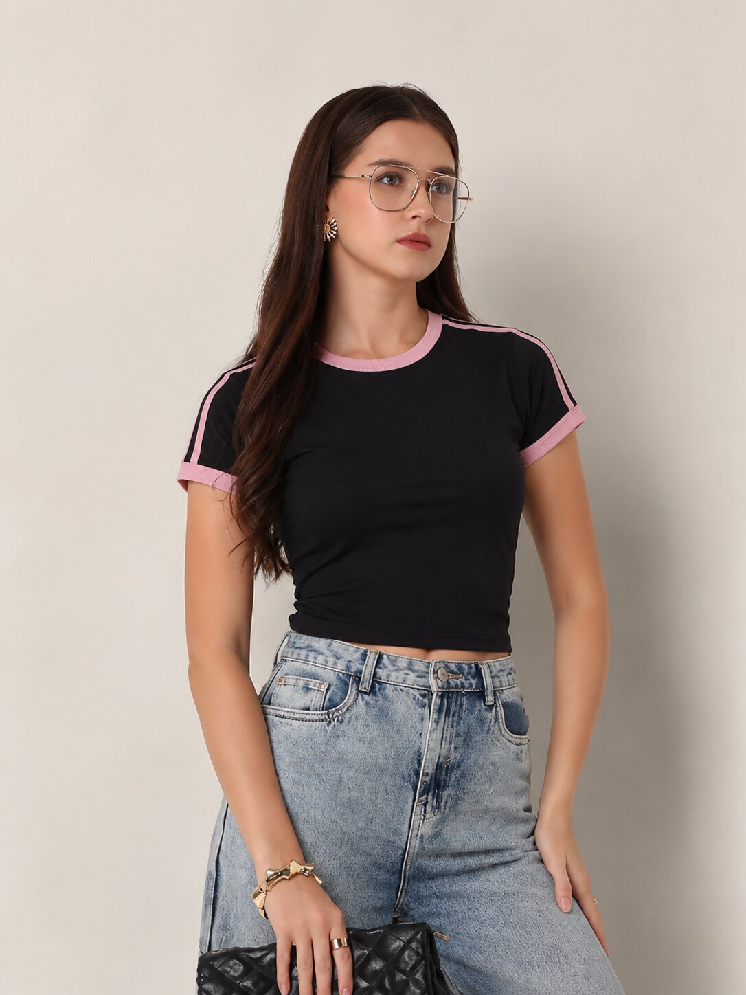 Black Slim Fit T-Shirt with Mauve Contrast Stripes