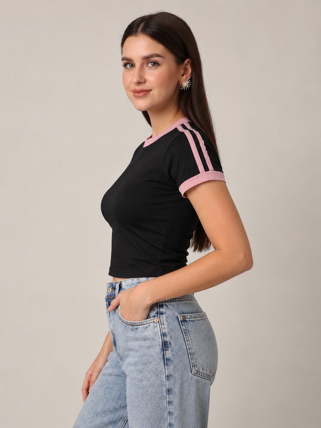 Black Slim Fit T-Shirt with Mauve Contrast Stripes