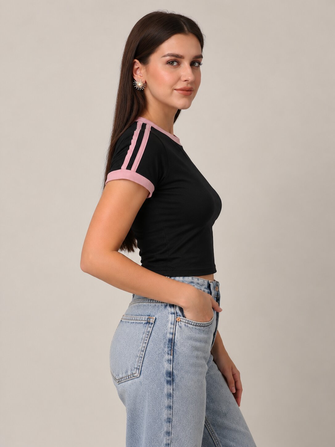Black Slim Fit T-Shirt with Mauve Contrast Stripes