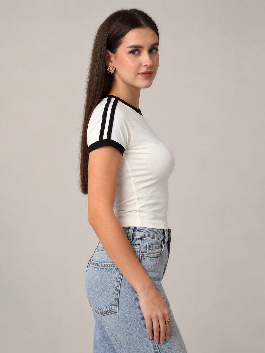 White Slim Fit T-Shirt with Black Contrast Stripes