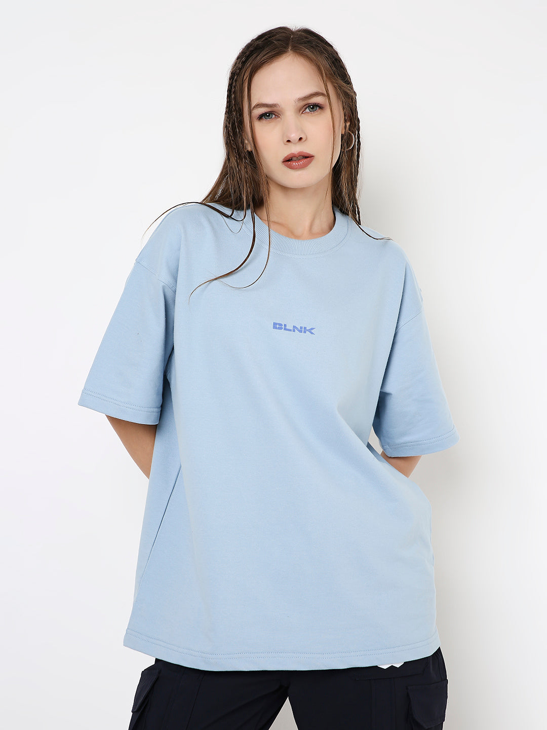 Oversized light-blue t-shirt with subtle front logo print and relaxed fit.