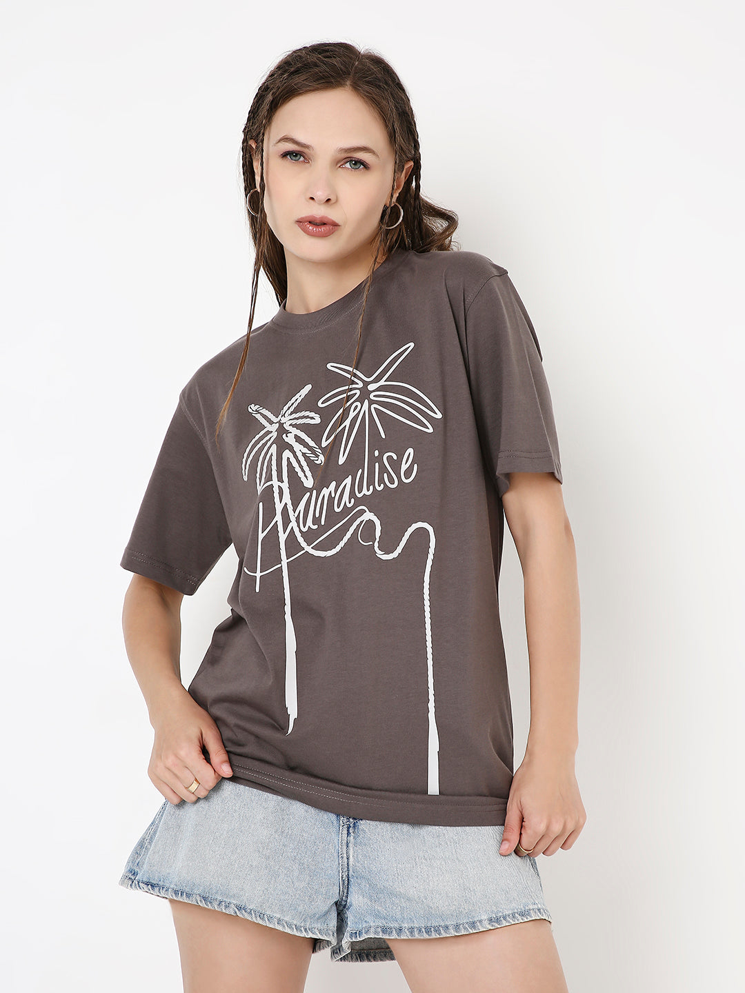 Steel grey relaxed fit t-shirt with white palm tree print and "Paradise" text front.