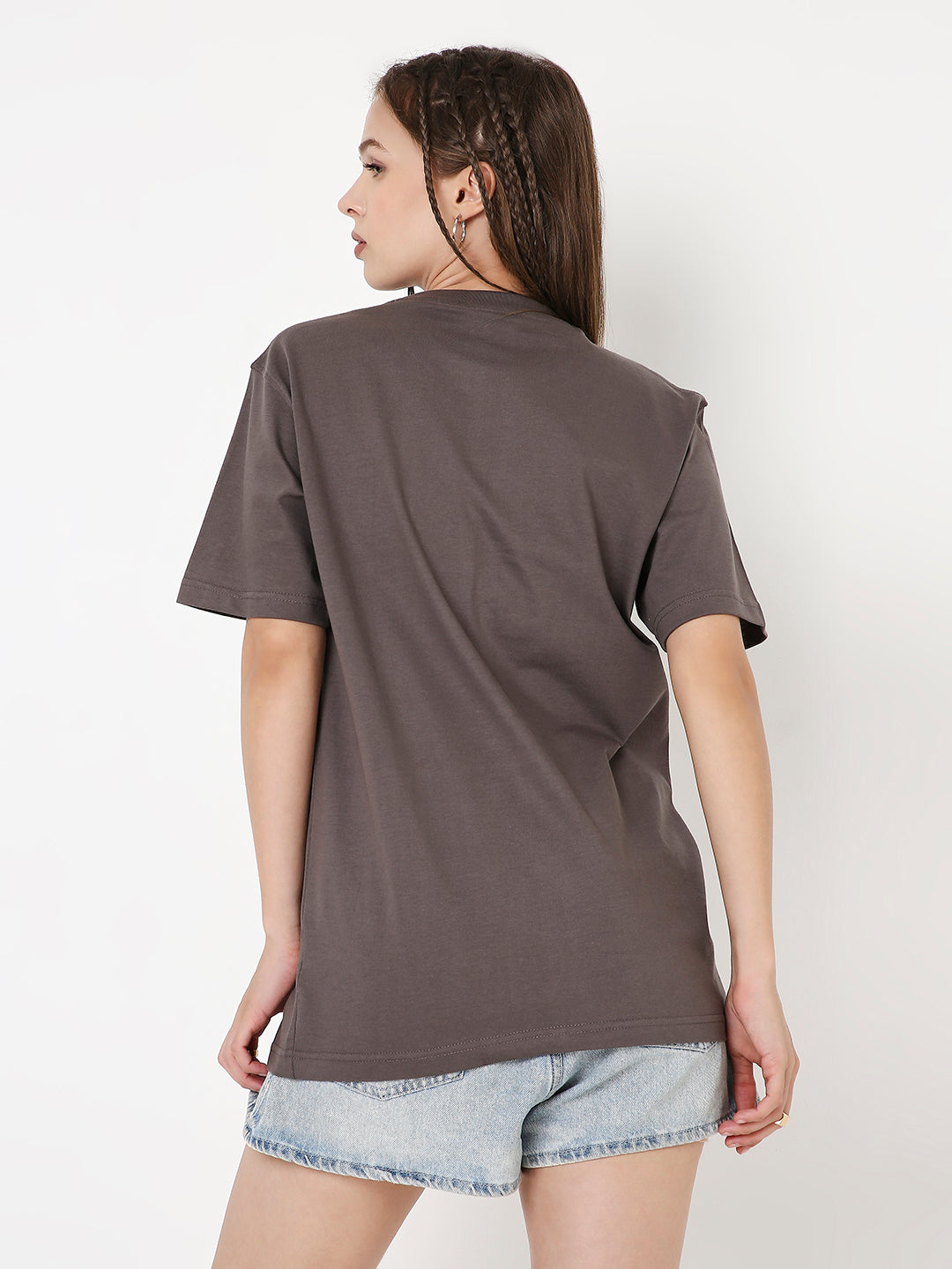 Relaxed fit steel grey t-shirt with short sleeves, shown from the back on a model wearing light denim shorts.