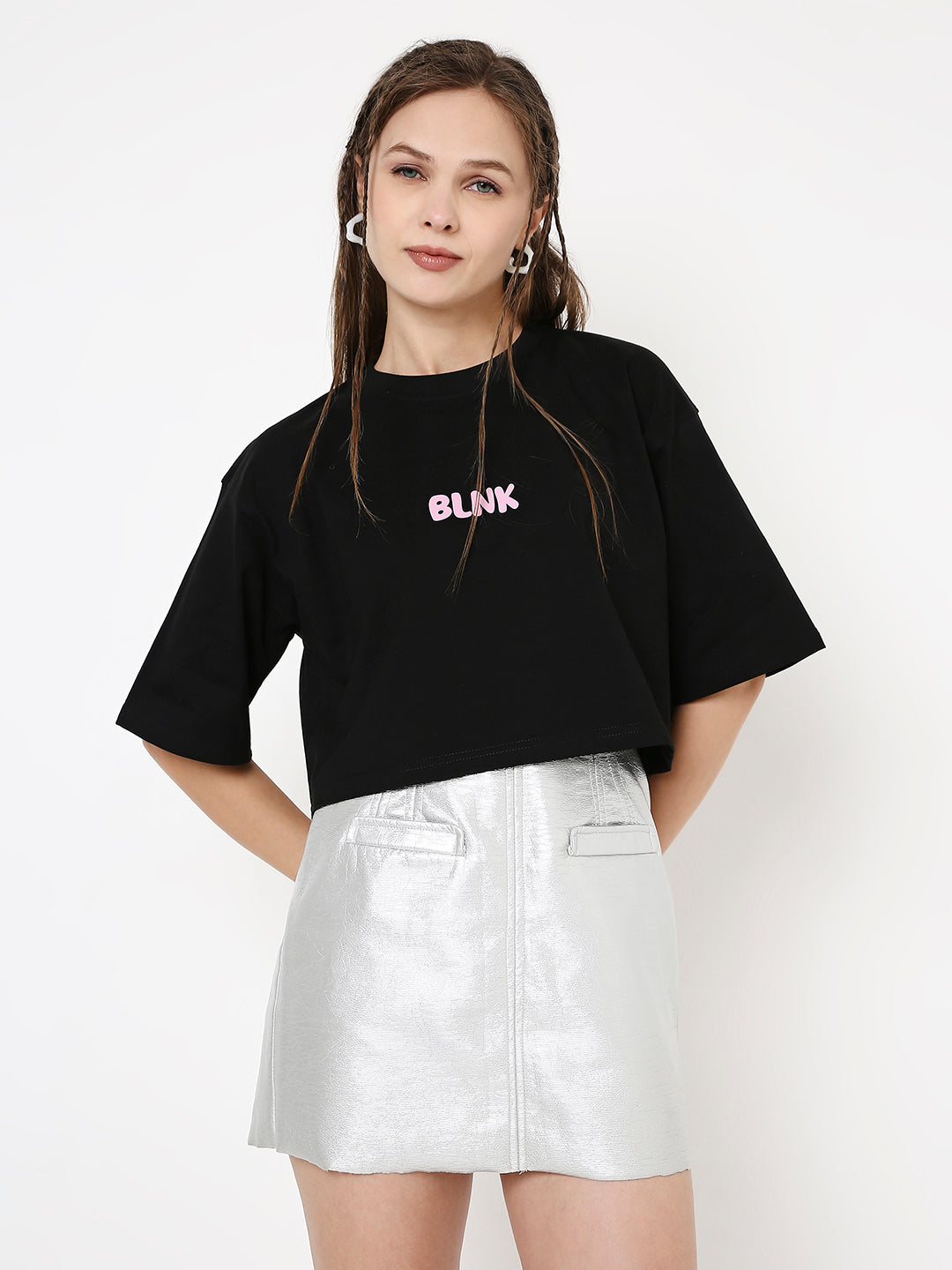 Black oversized crop top with short sleeves and colorful "BLINK" printed on the chest.