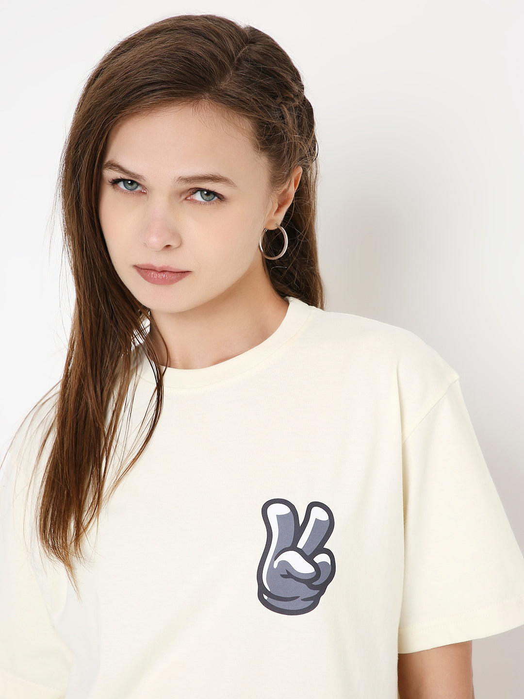 Off-white relaxed fit T-shirt with black peace hand sign print on chest.