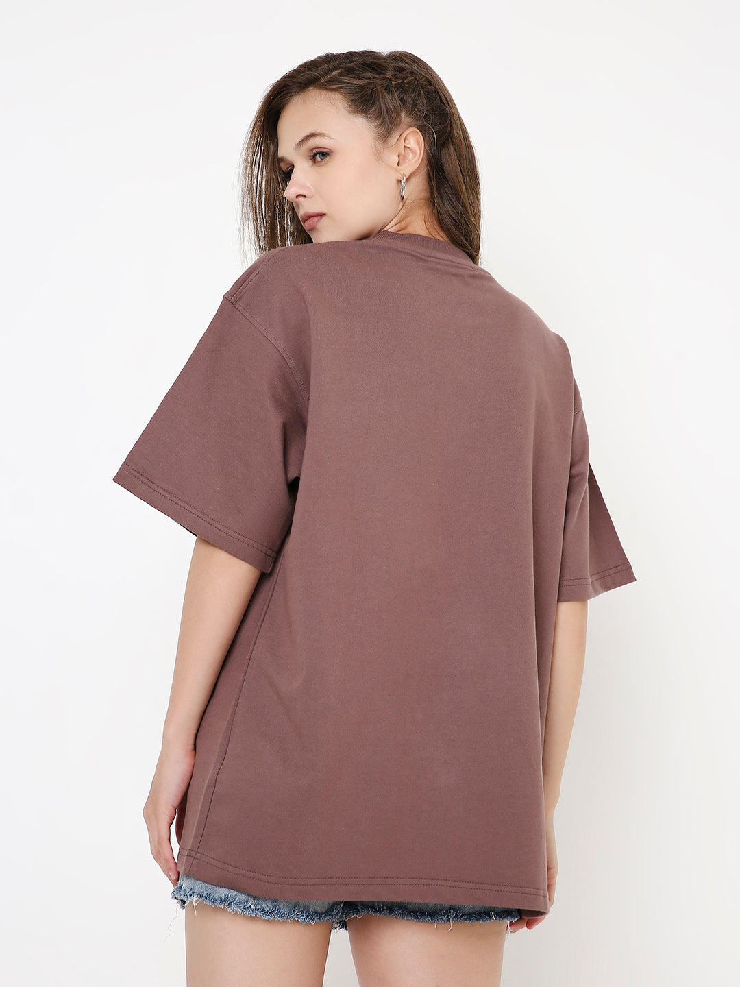Oversize solid old rose t-shirt with short sleeves and relaxed fit shown from back.