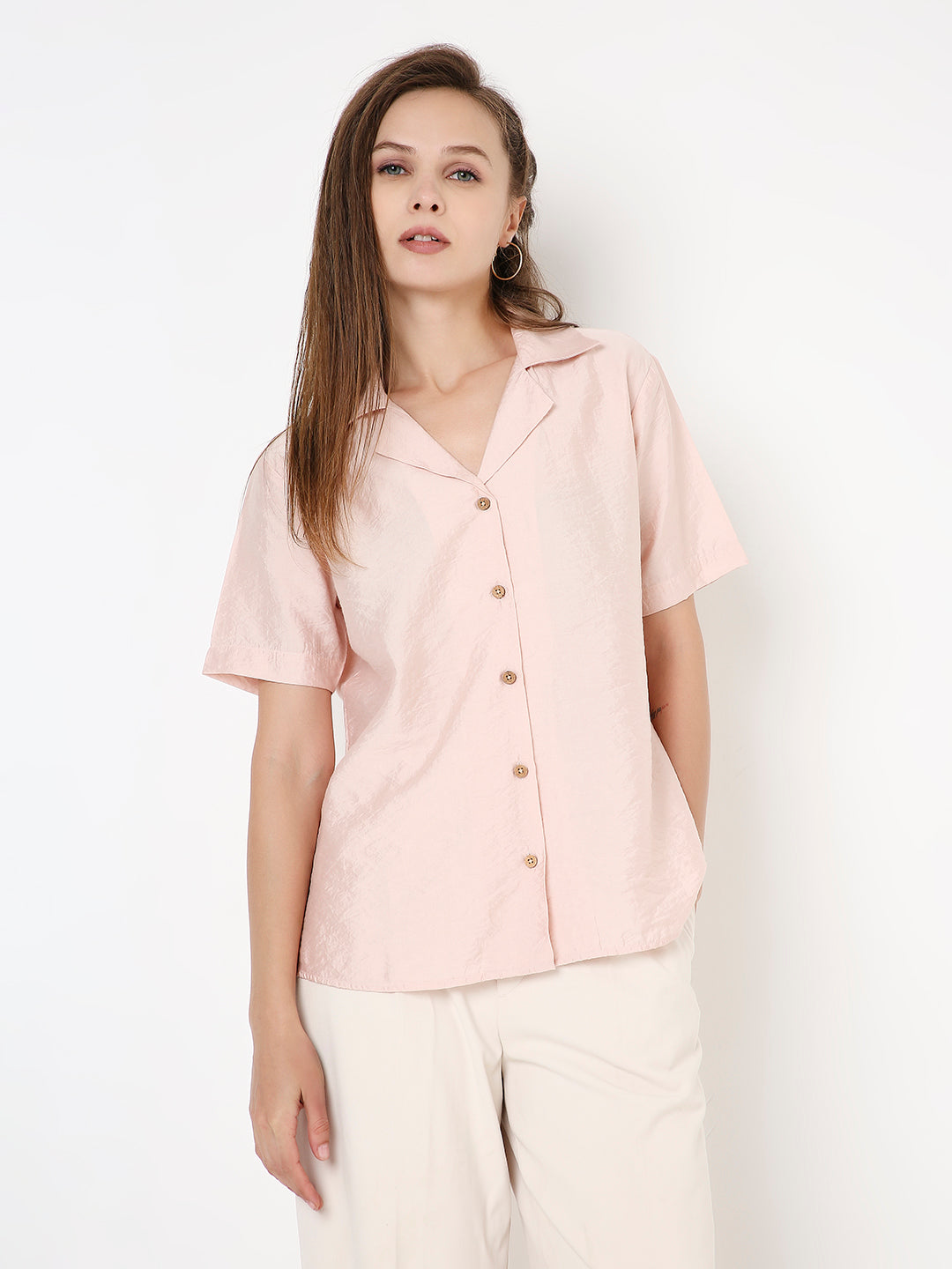 Soft peach nylon-viscose short-sleeve button-up shirt with a relaxed collar.