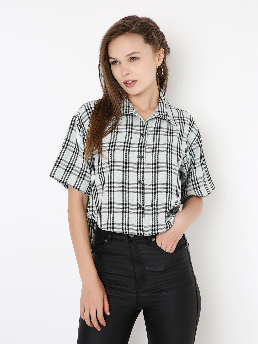 Black and mint green plaid cropped shirt with short sleeves and button-up front.