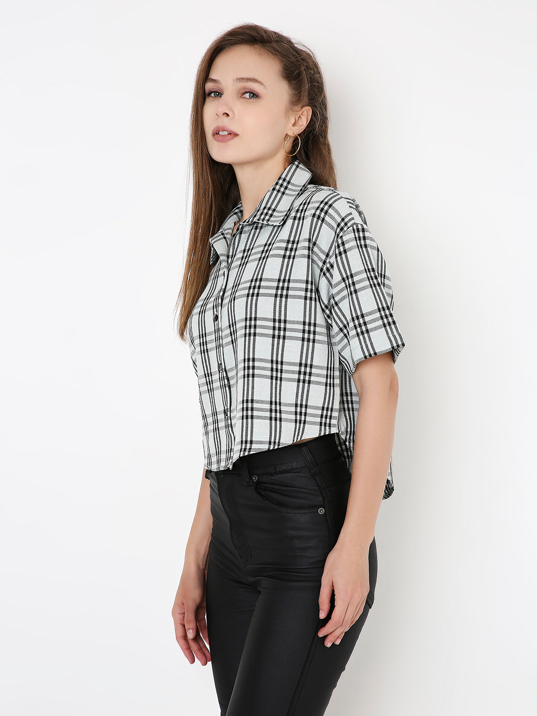 Black and mint green checked crop shirt with short sleeves and button-up front.