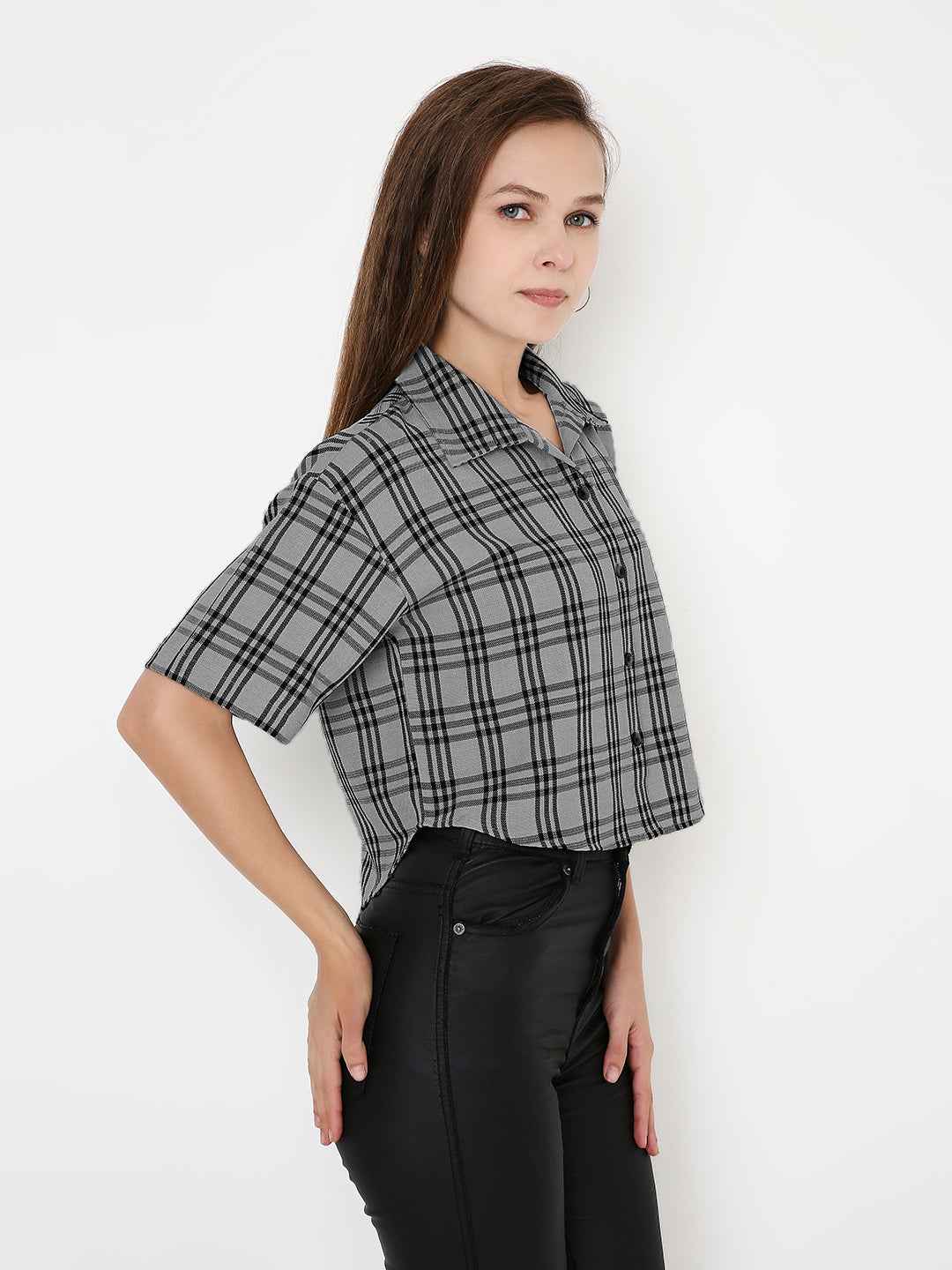 GREY CHECKED CROP SHIRT
