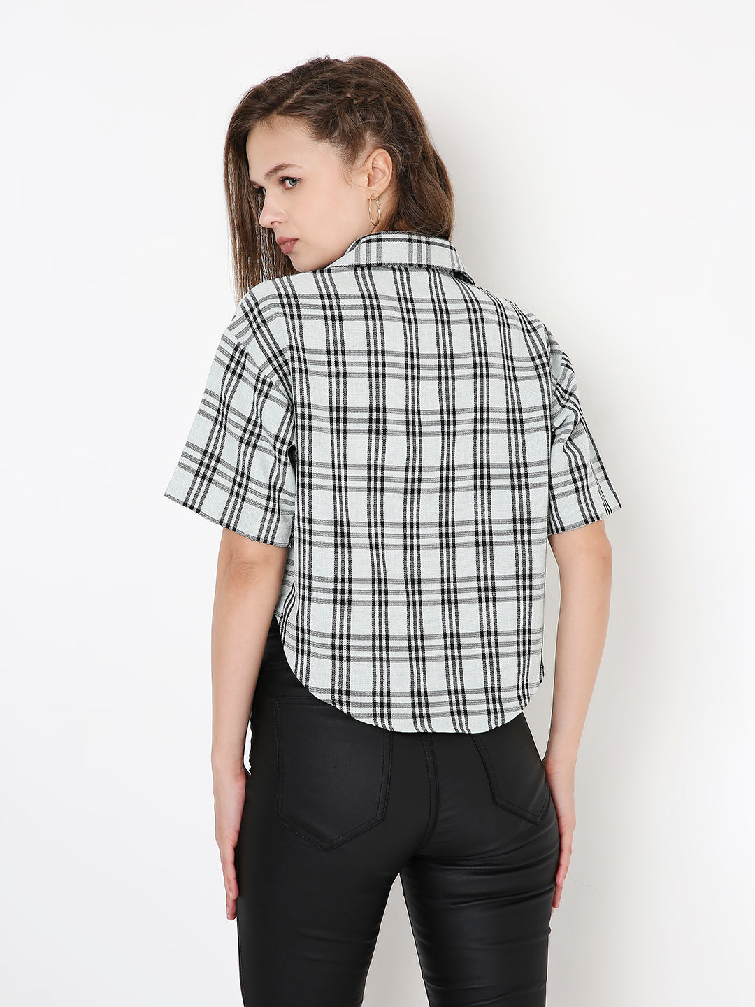 Black and mint green checked short-sleeve crop shirt with button-down back view.