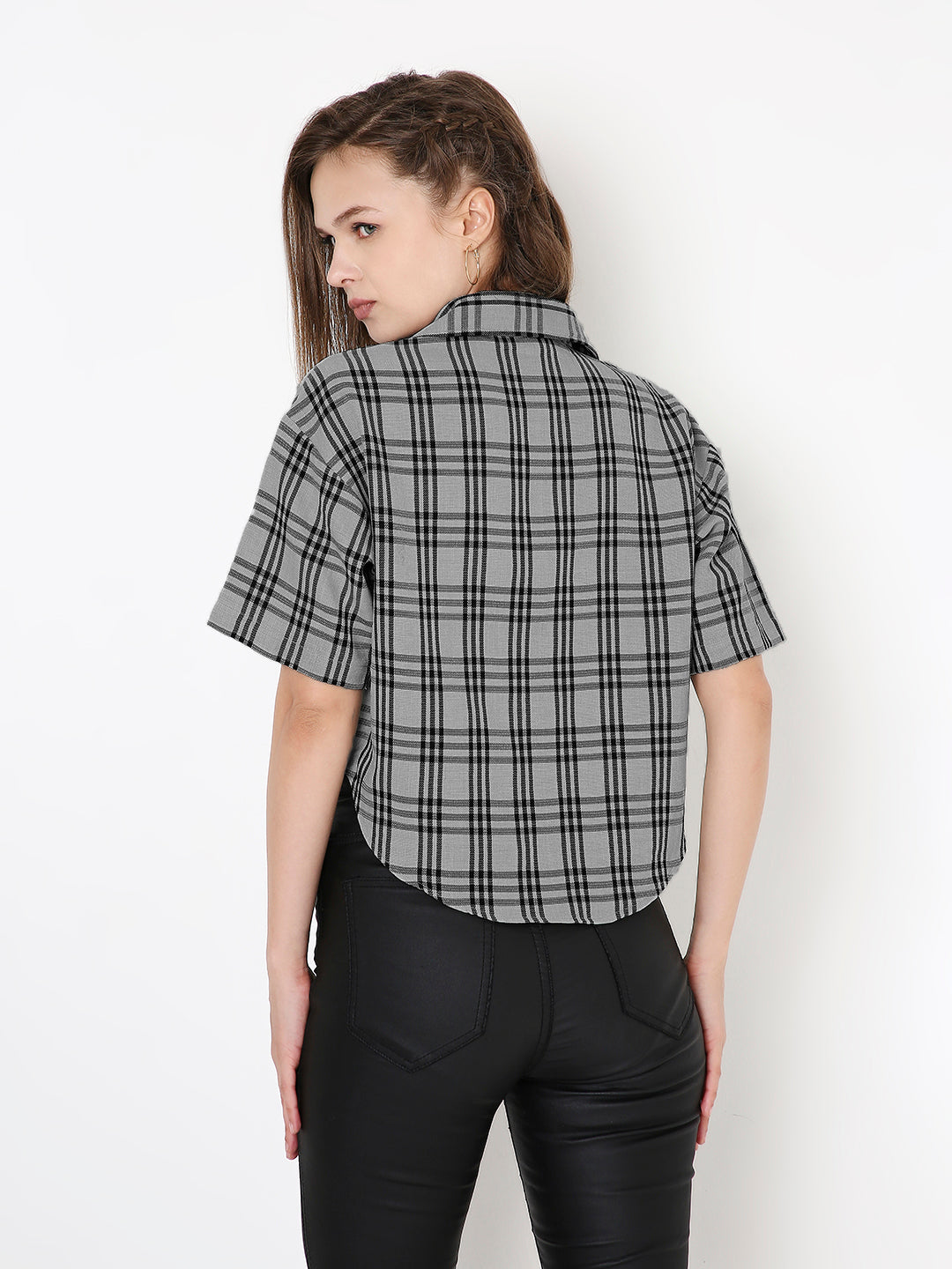 GREY CHECKED CROP SHIRT