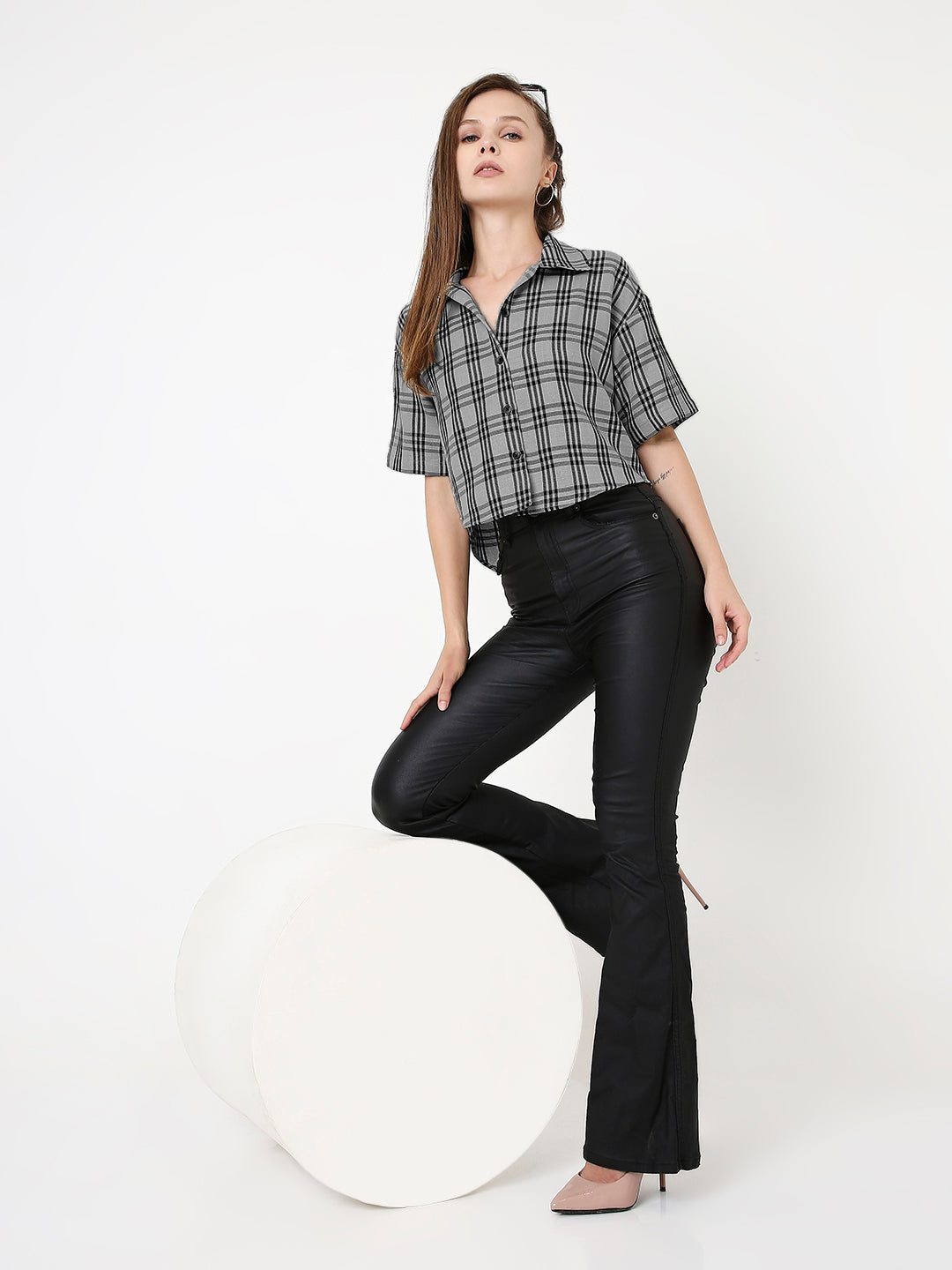 GREY CHECKED CROP SHIRT