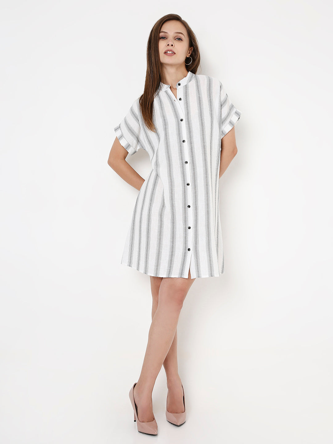 LINEN BLEND STRIP A-LINE SHIRT DRESS