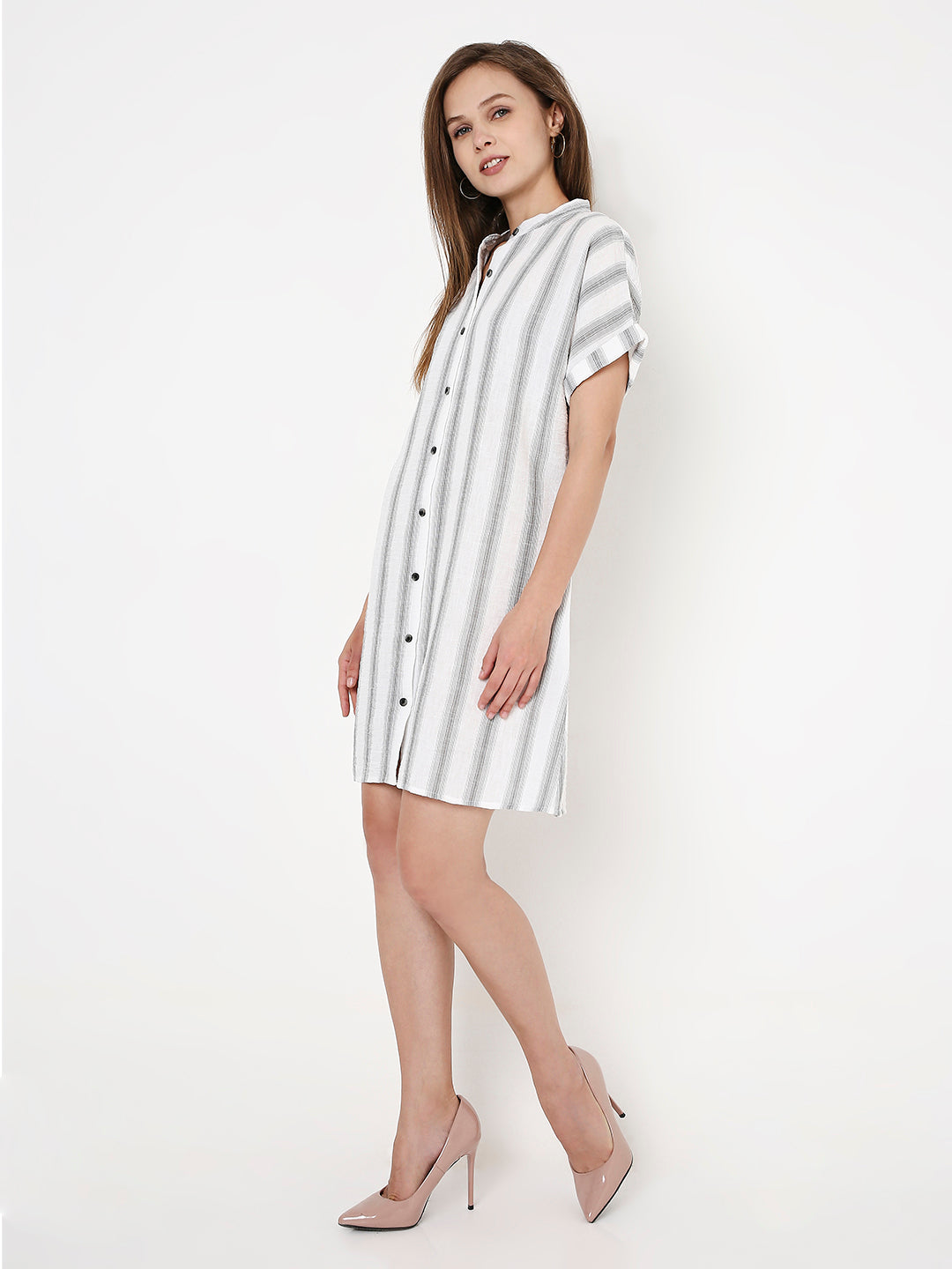 LINEN BLEND STRIP A-LINE SHIRT DRESS
