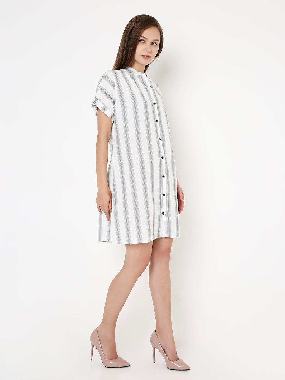 GRAY STRIP A-LINE SHIRT DRESS