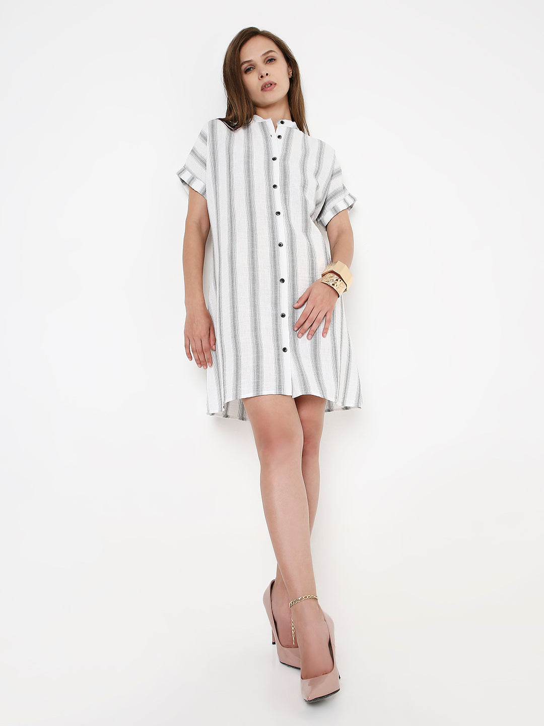 GRAY STRIP A-LINE SHIRT DRESS