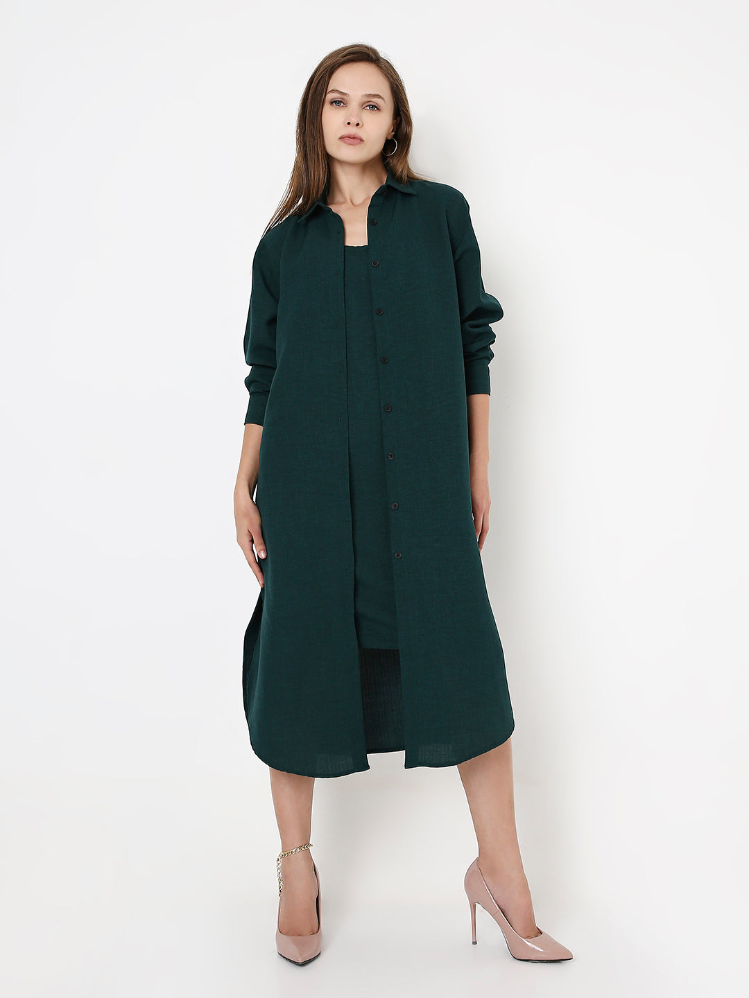 EMERALD GREEN CO-ORDSET SLEEVELESS DRESS & OVERLAY SHIRT