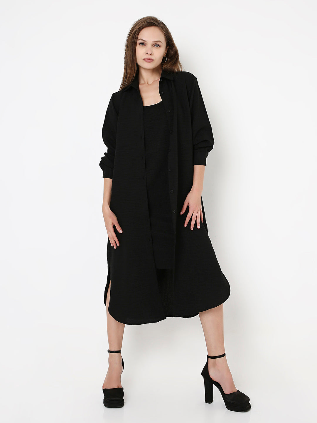 BLACK CO-ORDSET SLEEVELESS DRESS & OVERLAY SHIRT