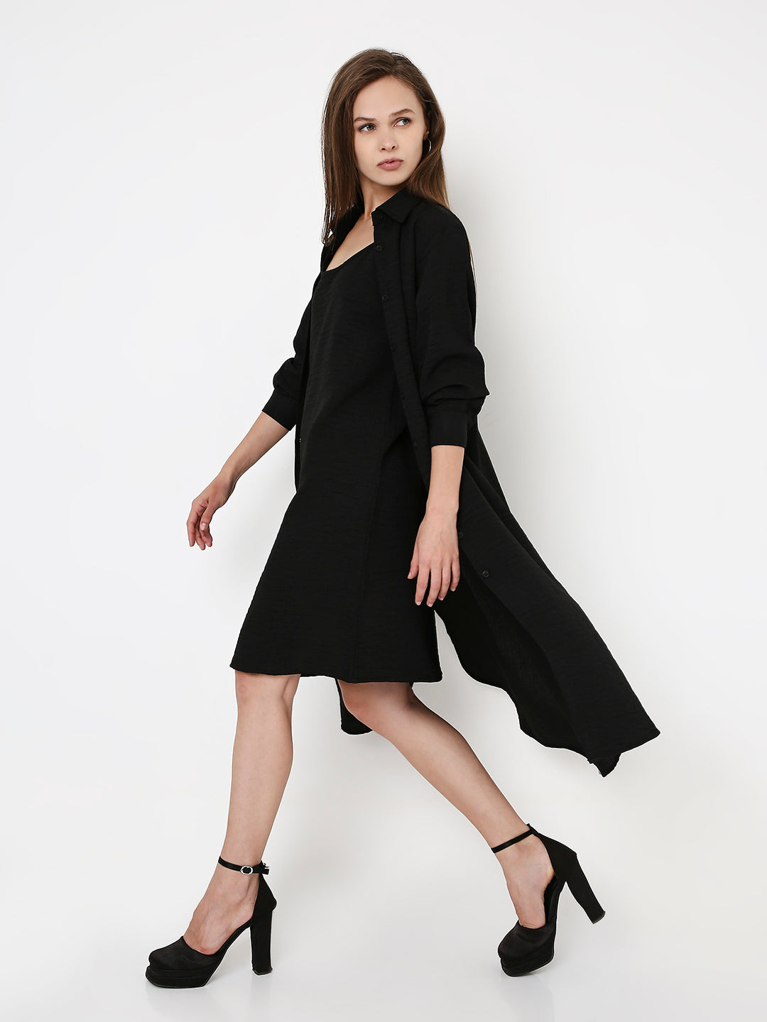 BLACK CO-ORDSET SLEEVELESS DRESS & OVERLAY SHIRT