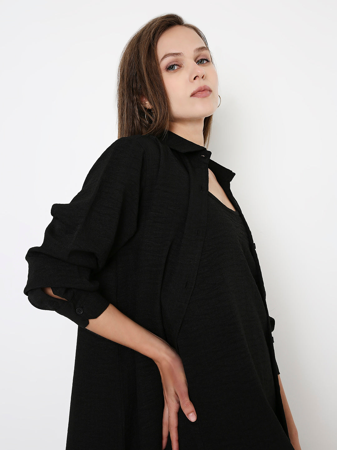 BLACK CO-ORDSET SLEEVELESS DRESS & OVERLAY SHIRT