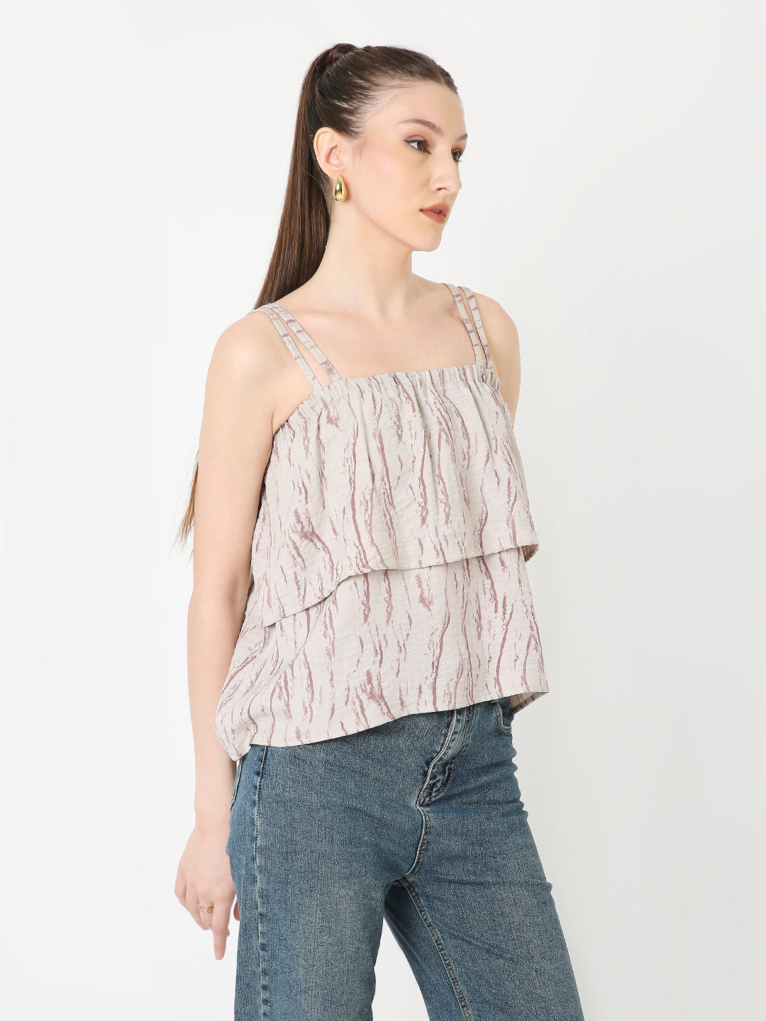 BEIGE PRINTED PATTERN DOUBLE STRAP LAYERED TOP