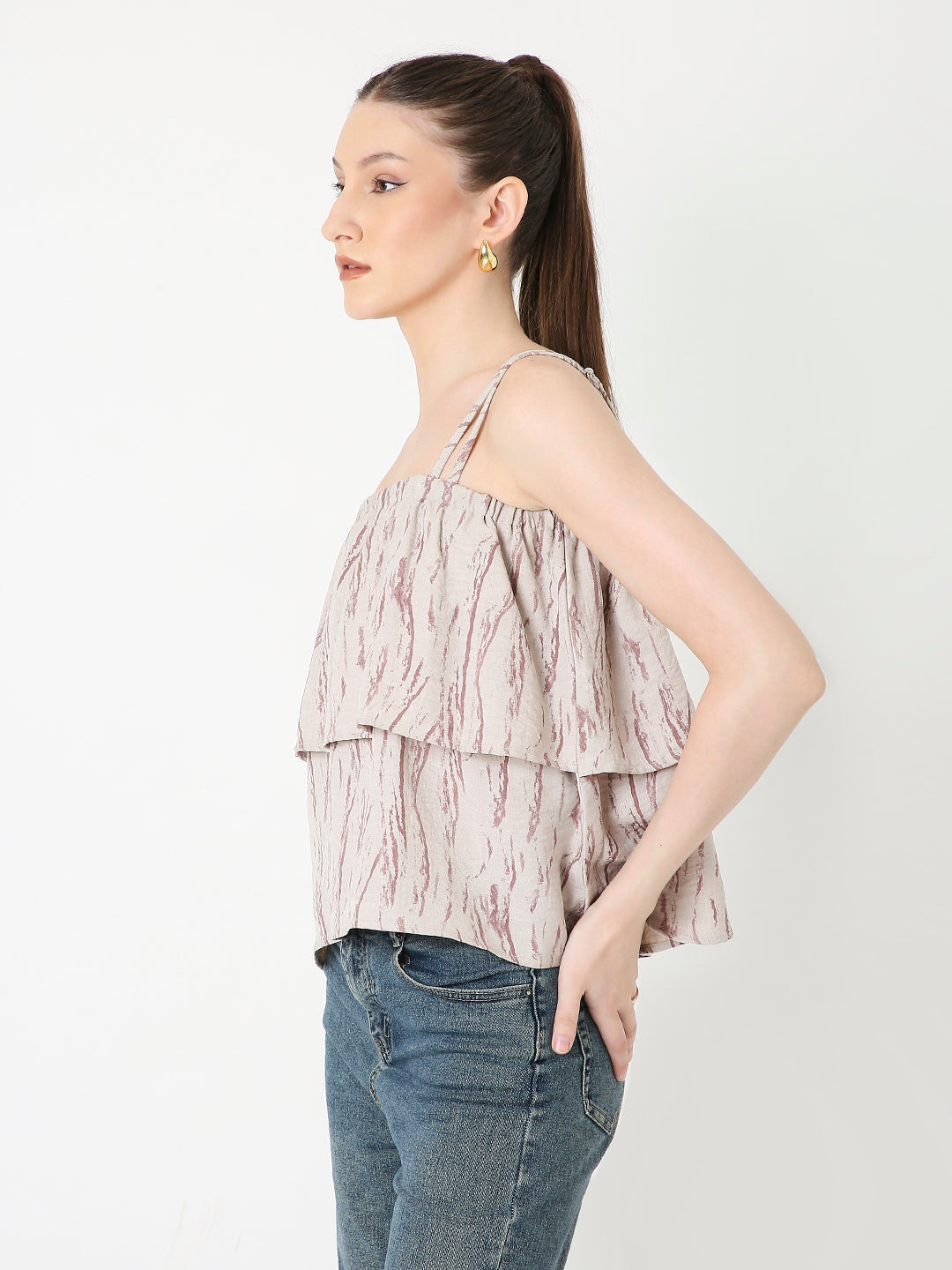 BEIGE PRINTED PATTERN DOUBLE STRAP LAYERED TOP