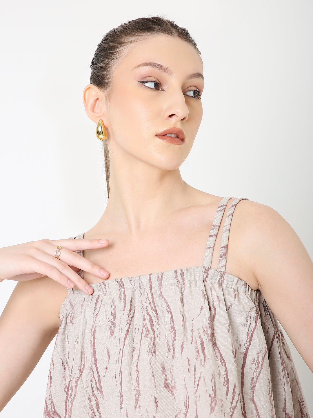 BEIGE PRINTED PATTERN DOUBLE STRAP LAYERED TOP