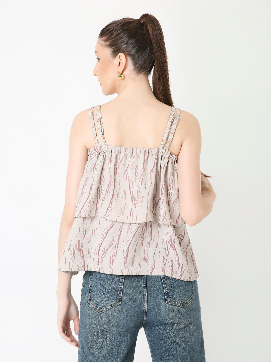 BEIGE PRINTED PATTERN DOUBLE STRAP LAYERED TOP