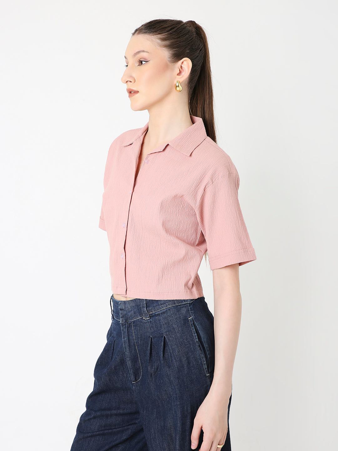 PEACH TEXTURED CROPPED SHIRT