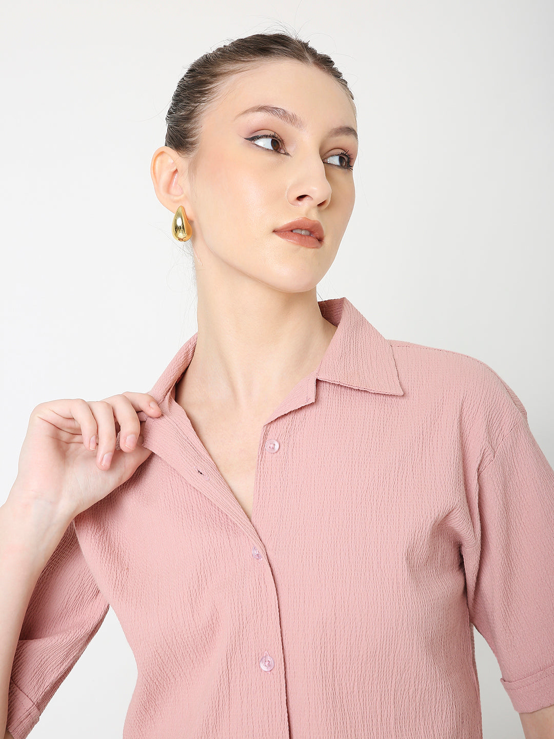 PEACH TEXTURED CROPPED SHIRT