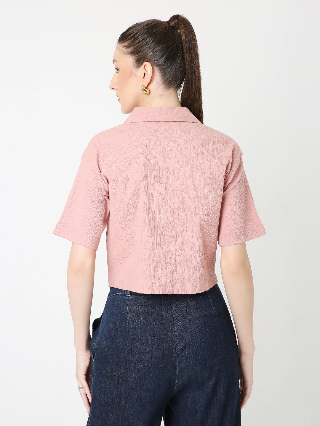 PEACH TEXTURED CROPPED SHIRT