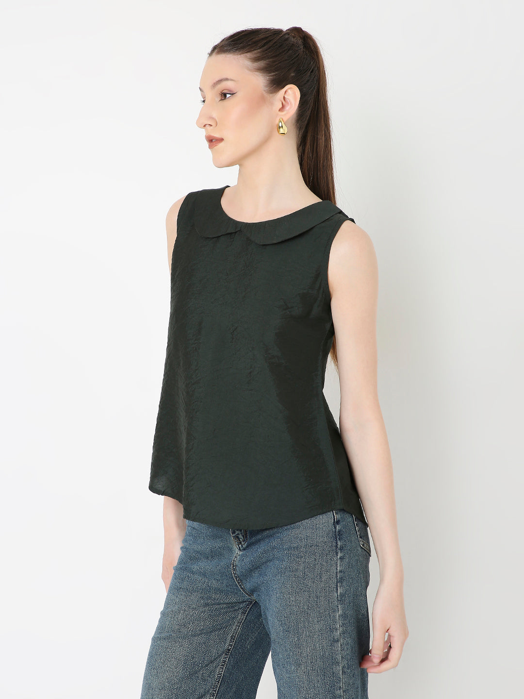DARK GREEN SLEEVELESS TOP WITH PETER PAN COLLAR