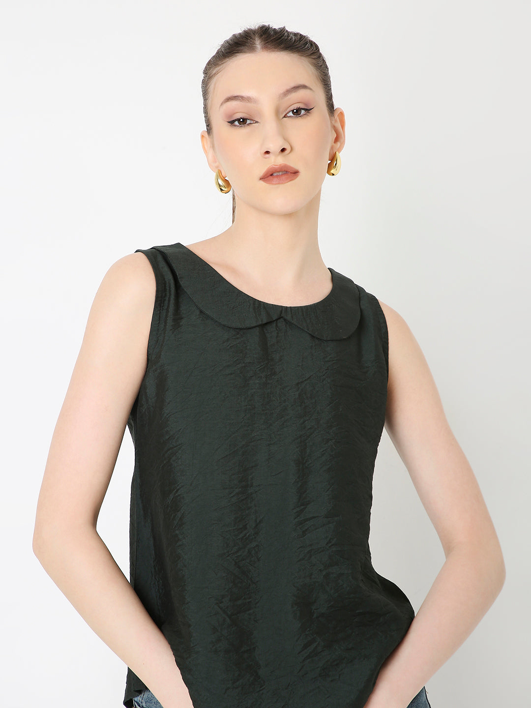 DARK GREEN SLEEVELESS TOP WITH PETER PAN COLLAR
