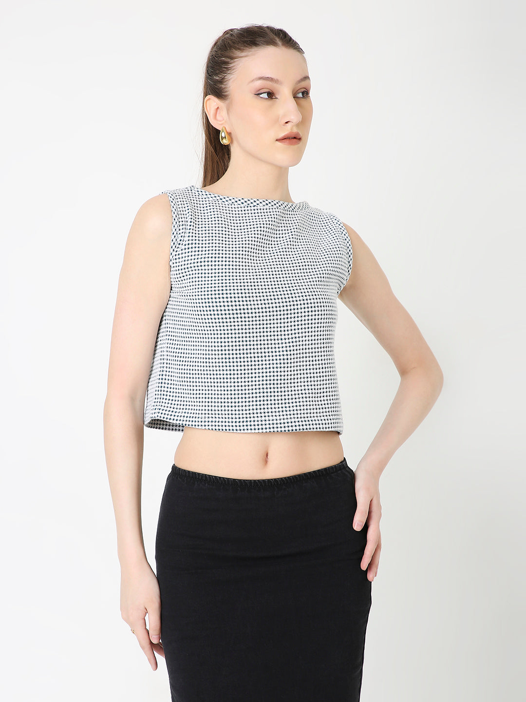 DARK GREEN MINIMALIST MICRO-CHECKS SLEEVELESS CROP TOP
