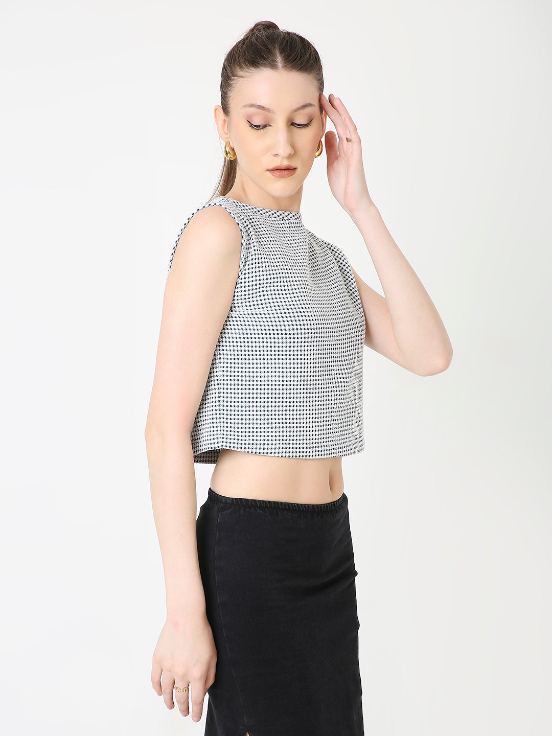 DARK GREEN MINIMALIST MICRO-CHECKS SLEEVELESS CROP TOP