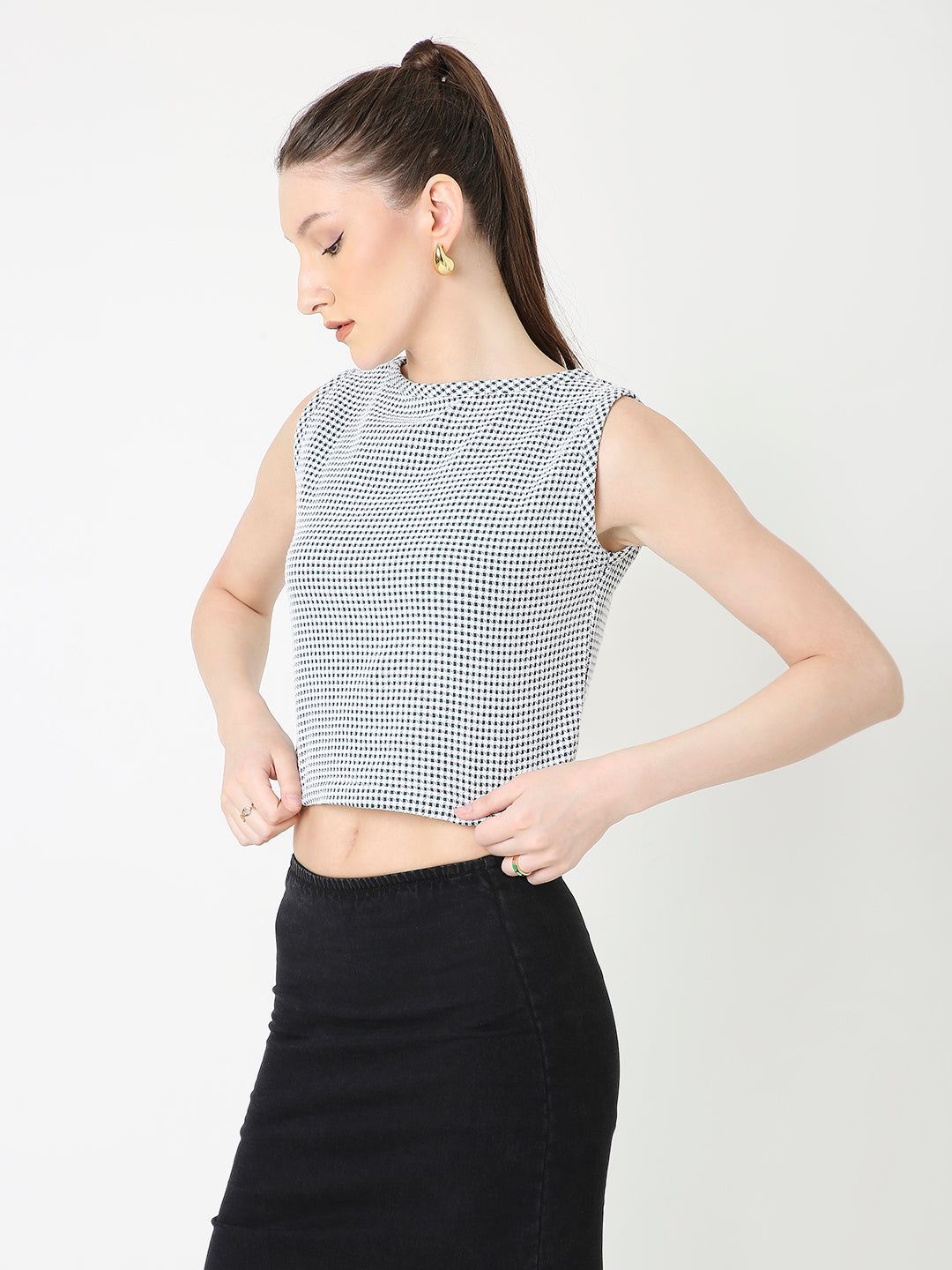 DARK GREEN MINIMALIST MICRO-CHECKS SLEEVELESS CROP TOP