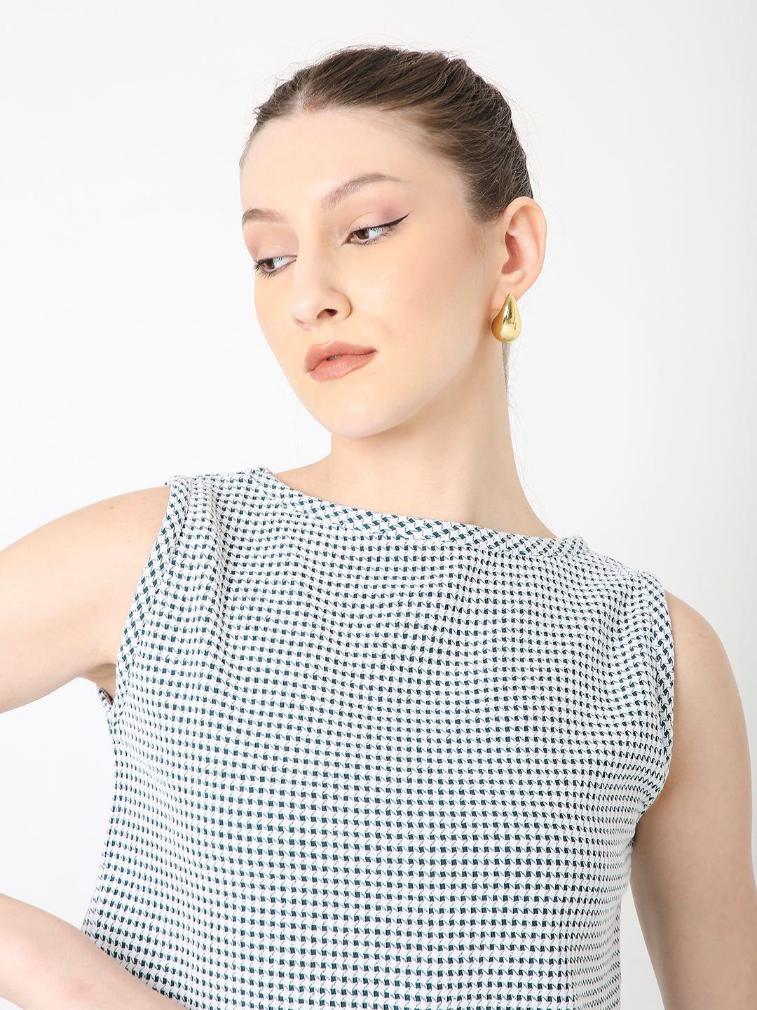 DARK GREEN MINIMALIST MICRO-CHECKS SLEEVELESS CROP TOP