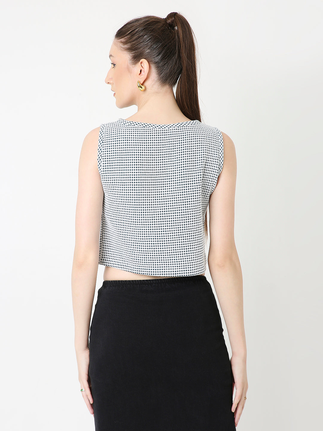 DARK GREEN MINIMALIST MICRO-CHECKS SLEEVELESS CROP TOP