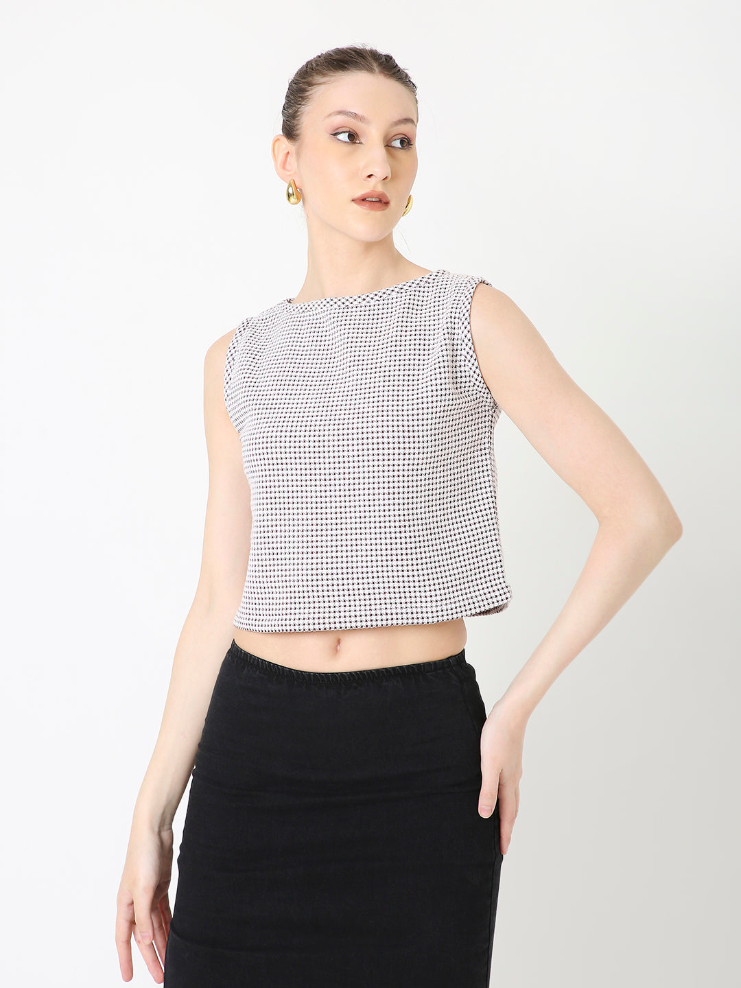 MAROON MINIMALIST MICRO-CHECKS SLEEVELESS CROP TOP