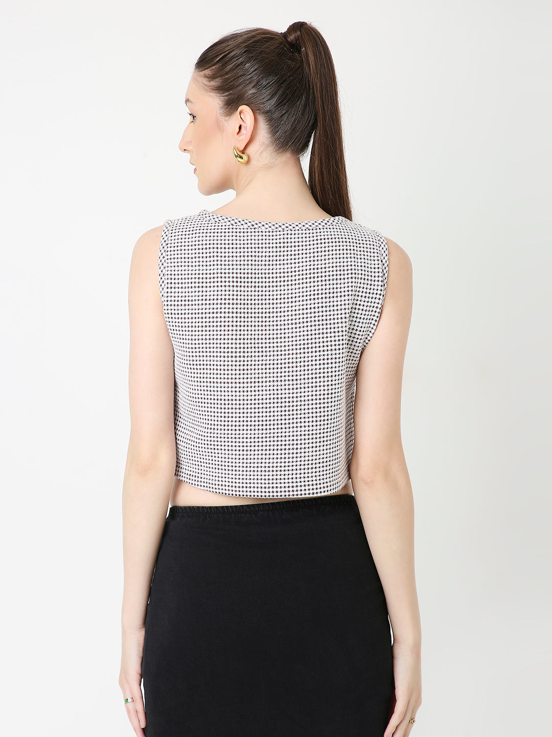 MAROON MINIMALIST MICRO-CHECKS SLEEVELESS CROP TOP