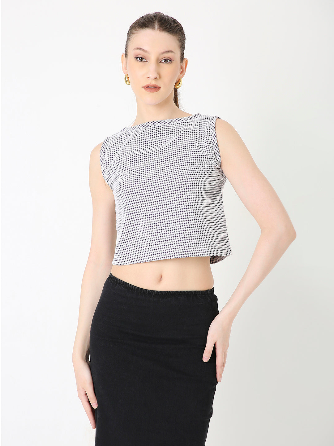 WINE MINIMALIST MICRO-CHECKS SLEEVELESS CROP TOP