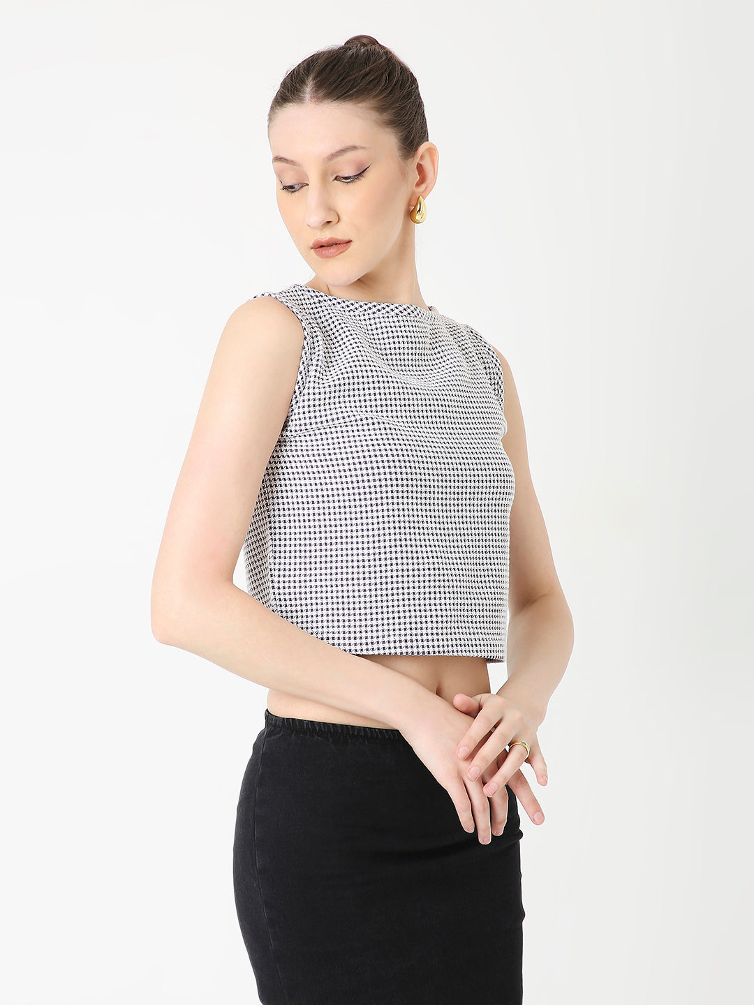 WINE MINIMALIST MICRO-CHECKS SLEEVELESS CROP TOP