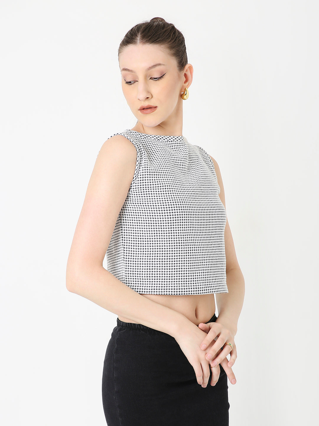 DARK GREY MINIMALIST MICRO-CHECKS SLEEVELESS CROP TOP