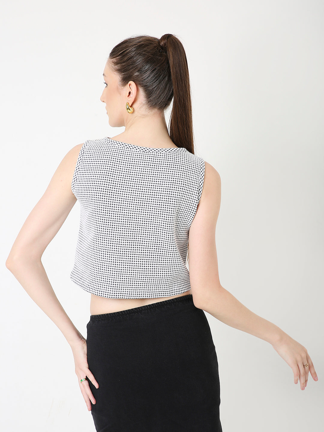 DARK GREY MINIMALIST MICRO-CHECKS SLEEVELESS CROP TOP