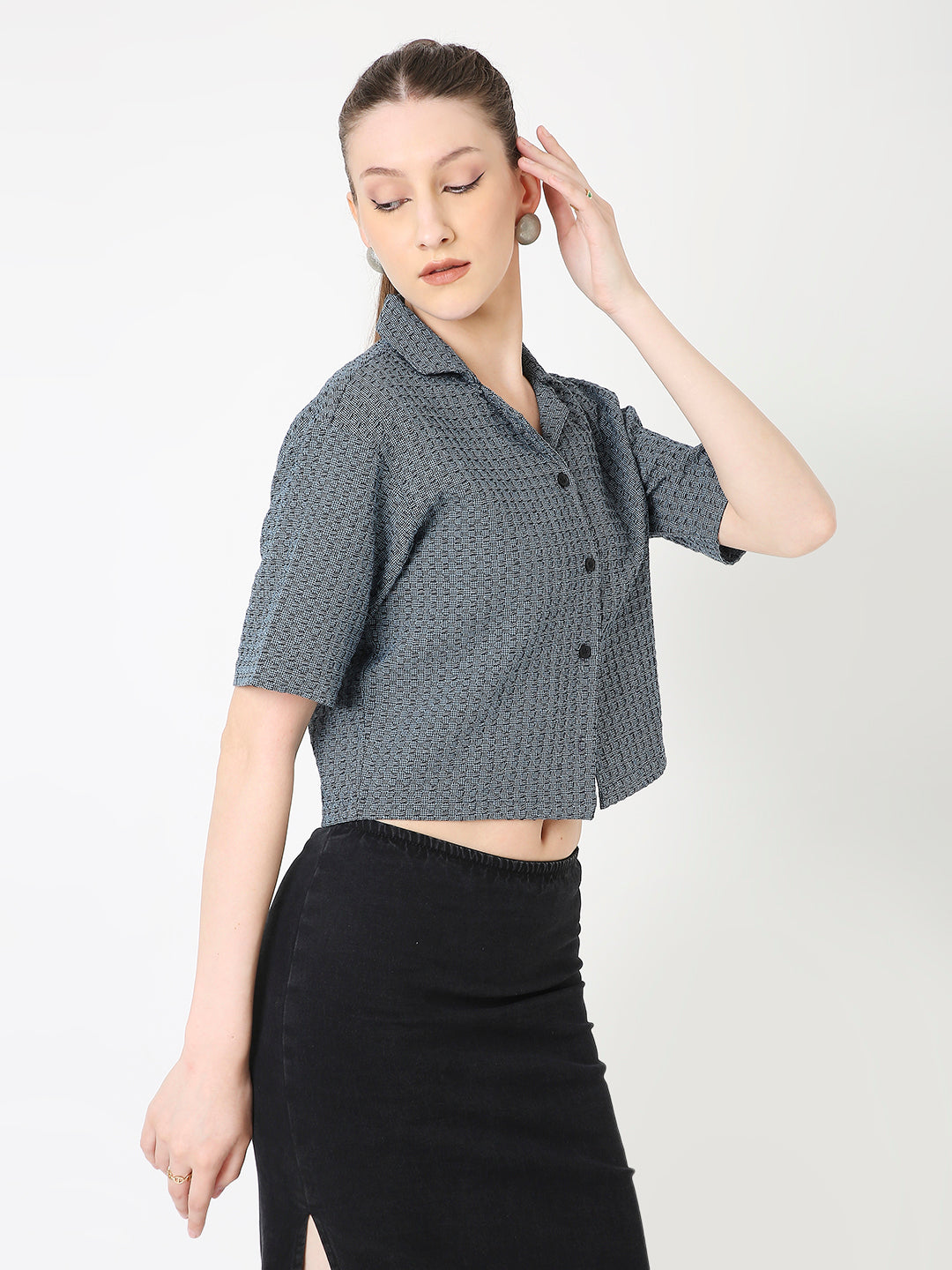 GREY & BLACK TEXTURED CROPPED SHIRT