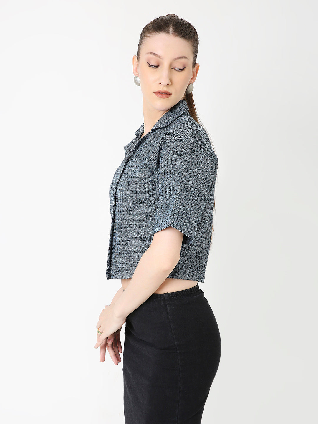 GREY & BLACK TEXTURED CROPPED SHIRT