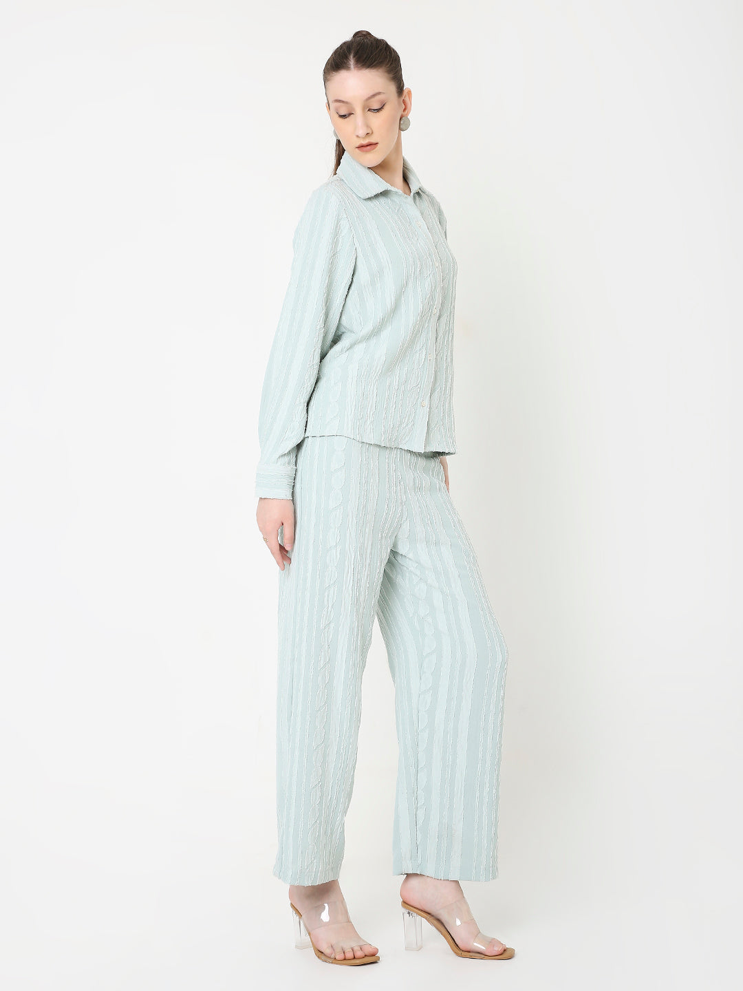 PASTEL GREEN RELAXED STRIPED SHIRT & WIDE-LEG PANTS CO-ORD SET