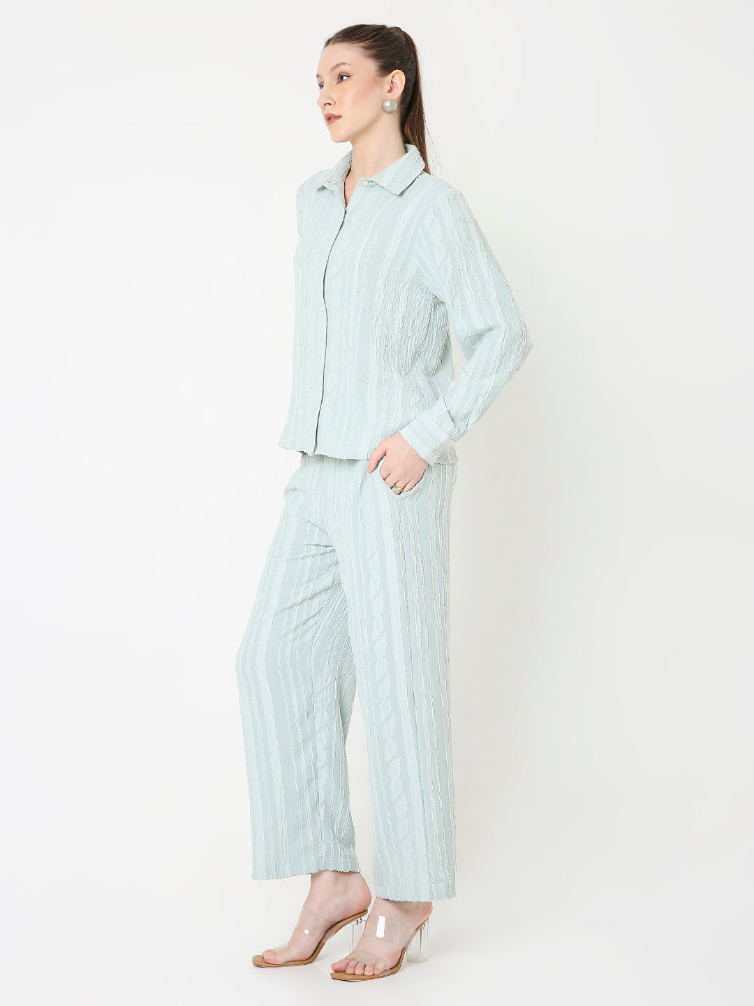 PASTEL GREEN RELAXED STRIPED SHIRT & WIDE-LEG PANTS CO-ORD SET